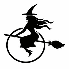Silhouette of a witch jumping on a broom in a dynamic pose