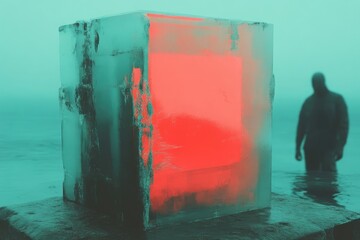 Frozen cube glows with red light, misty scene
