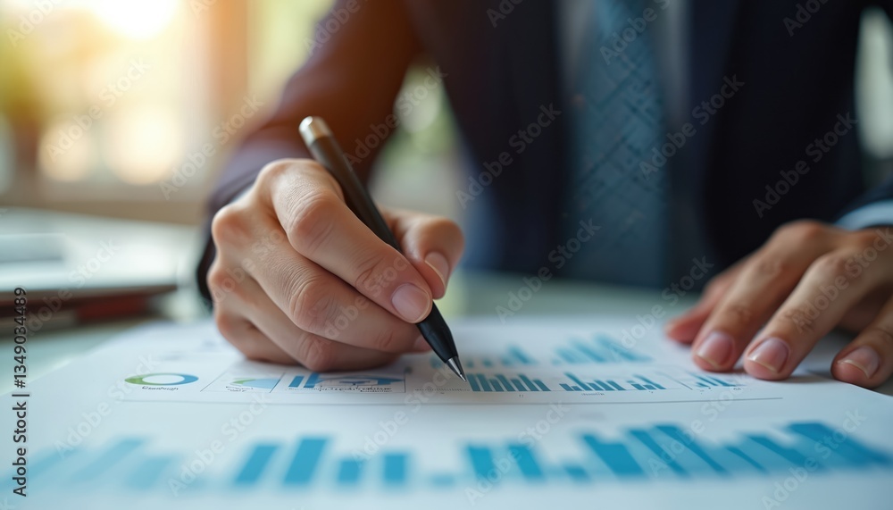 Poster hand writing business data report chart pen document. businessman analyzing financial graphs, writin