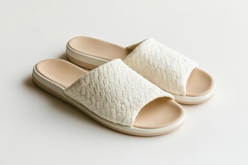 Cream braided slide sandals mockup, woven open-toe summer footwear, casual flat slip-ons, isolated on white background