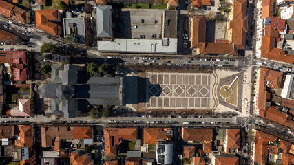 Aerial perpendicular view of Avezzano Cathedral in Abruzzo, Italy. It is a Roman Catholic cathedral...