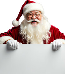 Naklejka premium Smiling person in red suit and hat holding blank sign with transparent background