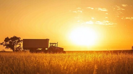Fototapeta premium A sunrise over a field with a tractor and trailer silhouetted against the golden light