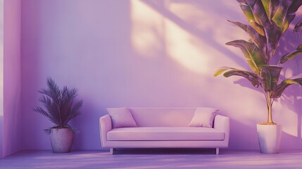 A modern living room with purple walls, sofa and table in the center of it. The background is white and grey