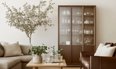 Modern living room with elegant decor featuring a glass cabinet and indoor plants