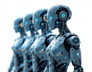 Fototapeta premium Line of Advanced Humanoid Robots Showing Technological Progress and Future Innovation