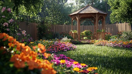 Obraz premium A backyard garden with a wooden gazebo and colorful flowers