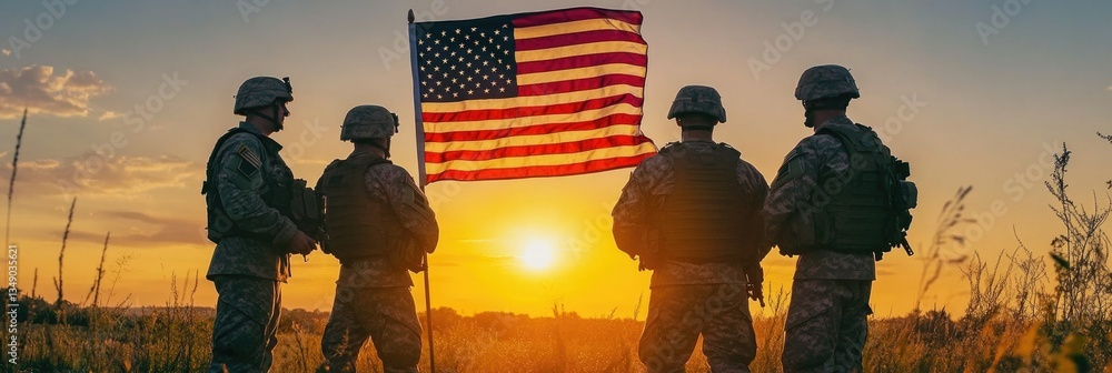 Poster four soldiers stand in a field with a large american flag in front of them. the sun is setting in th
