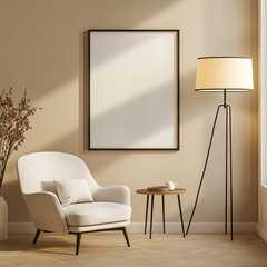 Beige living room with armchair, poster, and floor lamp. Sunlight streams in