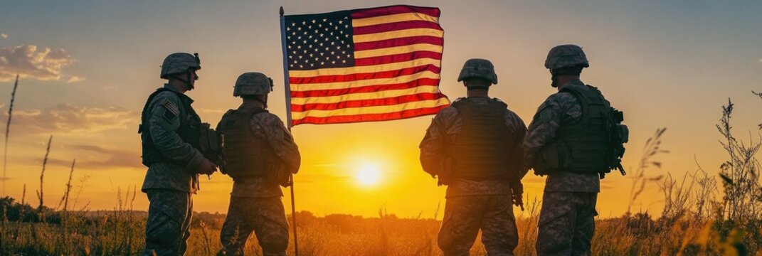 Four soldiers stand in a field with a large American flag in front of them. The sun is setting in the background, creating a warm and peaceful atmosphere