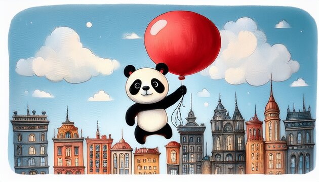 Cute hand-drawn children&rsquo;s book illustration of a tiny panda holding a big red balloon, whimsical style, soft colors, playful and friendly scene