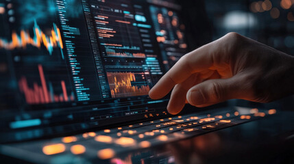 hand interacts with digital interface displaying data and graphs