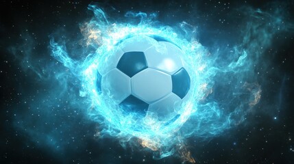 Fototapeta premium Fiery soccer ball engulfed in blue flames against a starry backdrop.
