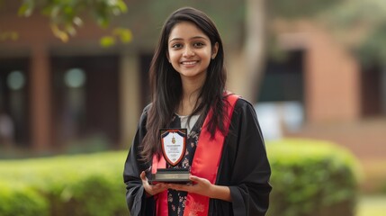 young woman in graduation gown holding award plaque, standing outdoors with blurred background. academic achievement celebration. educational success.