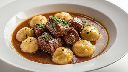 Delicious Beef Stew Served With Dumplings On A White Plate