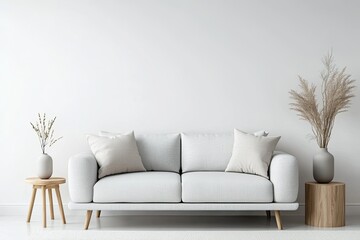 Minimalist living room scene with white sofa, wooden accents, and pampas grass. Interior design inspiration