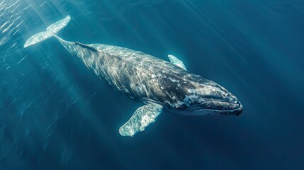 Fototapeta premium A pygmy right whale swims in a blue ocean, sun rays filter through.