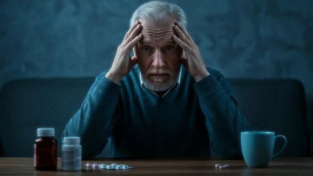 An elderly man with gray hair and a beard sits at a table, staring at a row of medicine bottles and pills with a worried expression 