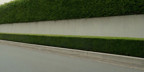 Fototapeta premium A long concrete wall with a hedge on top, next to a cement sidewalk and an asphalt street, creates a background suitable for a copy space image.foliage, asphalt, concrete, hedge, sidewalk, 7