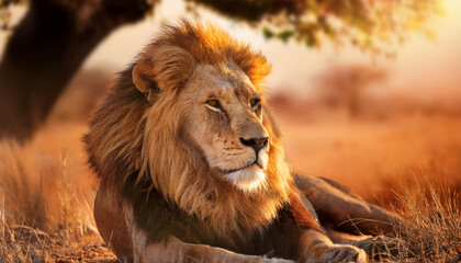 Un majestuoso le&oacute;n rey de la selva, tumbado descansando junto a un &aacute;rbol en un paisaje de Africa al atardecer