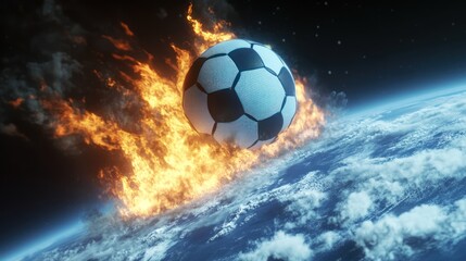Naklejka premium Fiery soccer ball falling towards Earth from space.