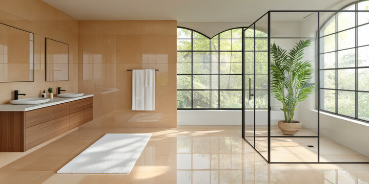 Contemporary bathroom design featuring modern fixtures and natural light in spacious layout