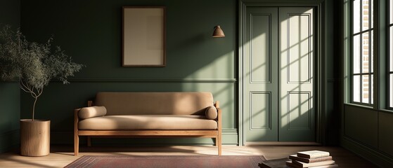 Fototapeta premium Modern living room with dark green walls and wooden flooring. on the left side of the image, there is a beige sofa with a wooden frame hanging on the wall above it.