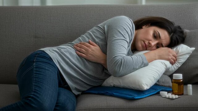 A young woman in a gray long-sleeve shirt and jeans lies curled up on a couch, clutching her stomach in pain, with medicine and a heating pad nearby 