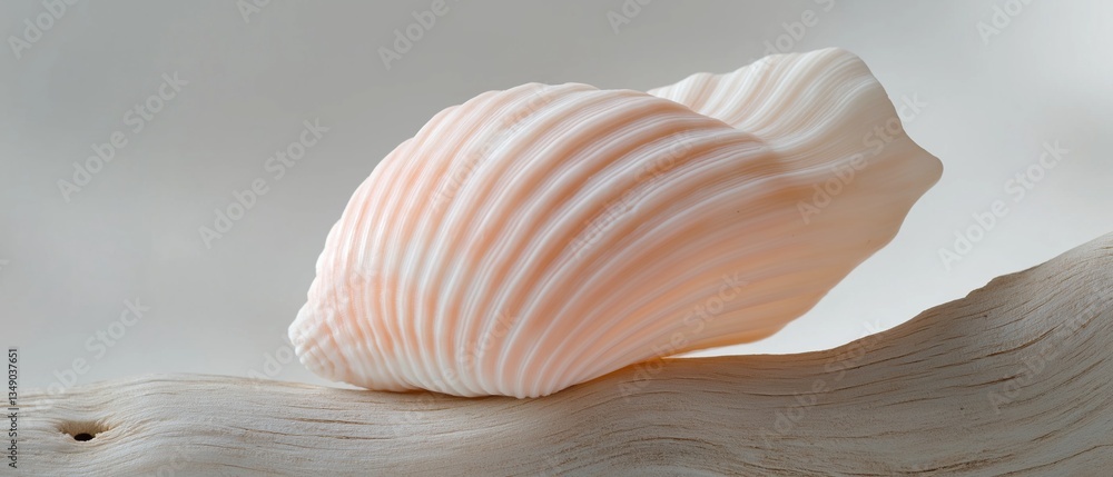Aufkleber close-up of a single pink seashell resting on a piece of driftwood. the shell is curved and has a sm