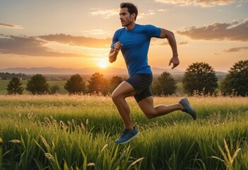 A man runs through a grassy field during a vibrant sunset