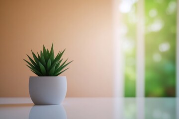 Fototapeta premium Minimalist design featuring succulent in white pot, bright natur