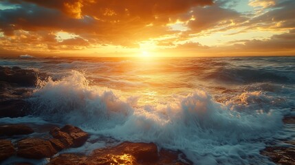 Fototapeta premium Breathtaking Sunset Over Tranquil Ocean Waves with Vibrant Colors Creating a Peaceful Atmosphere