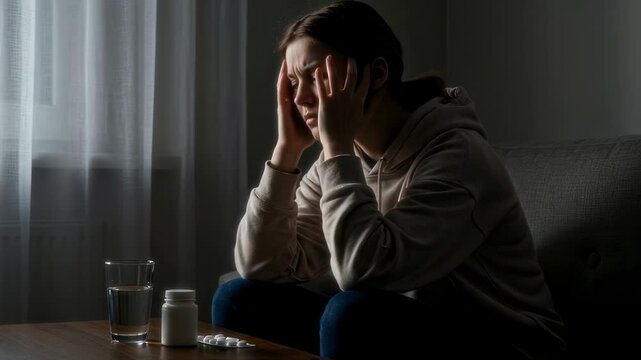 A distressed woman sits alone in a dimly lit room, holding her head in her hands. A glass of water and medicine bottles on the table suggest pain, stress, or illness  