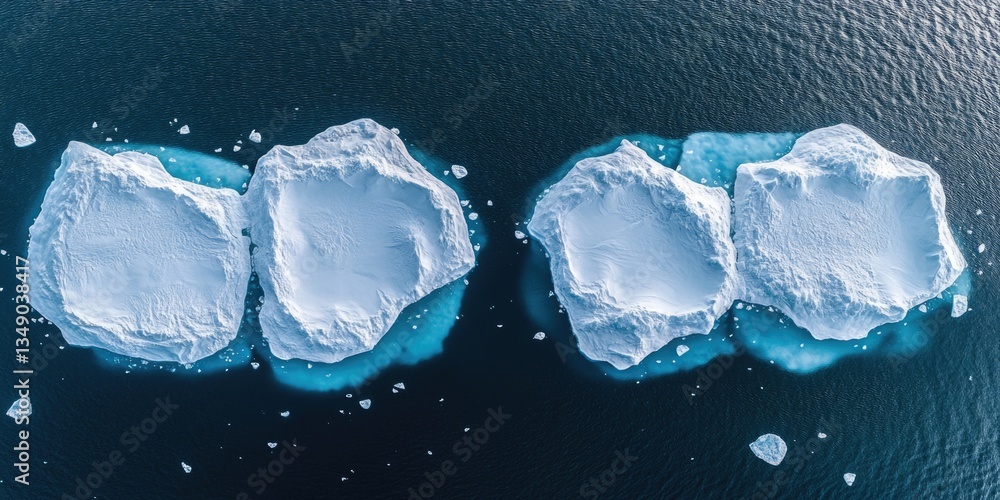 Poster a large body of water with several ice blocks floating on it. the ice blocks are scattered throughou