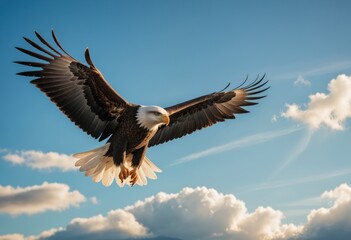 Naklejka premium An eagle soars powerfully through a bright blue sky filled with clouds