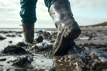 Obraz premium Volunteer collecting litter on a muddy beach, bottom view focusing on environmental care