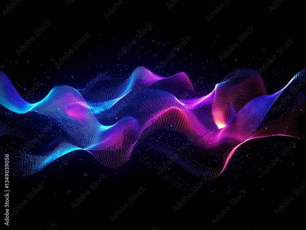 Poster abstract blue and pink particle waveforms on black background