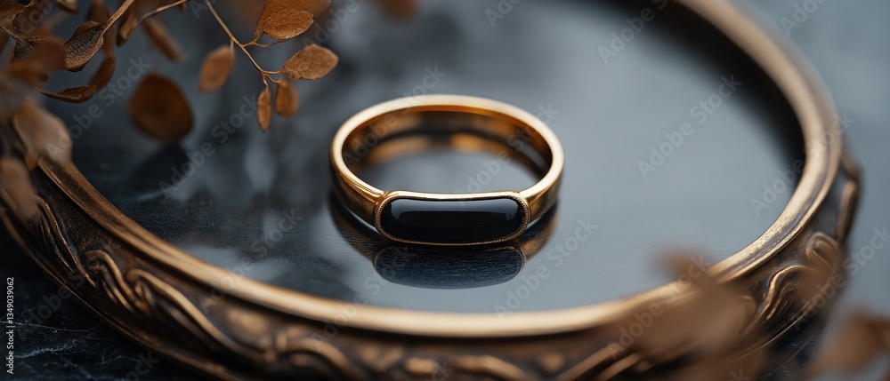 Poster close-up of a gold ring resting on a black surface. the ring has a rectangular shape with a smooth, 