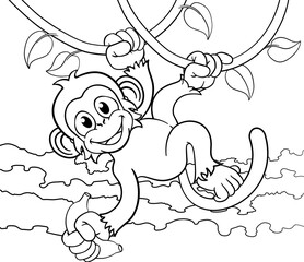 A monkey cartoon character singing on jungle vines with banana