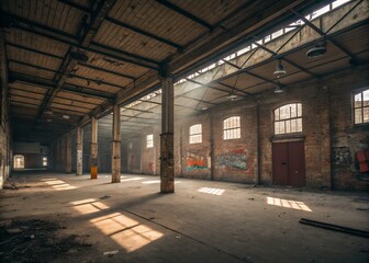 Empty old warehouse with exposed brick walls
