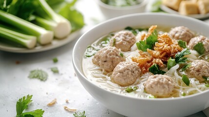 A delicious looking bowl of meatball and noodle soup is shown