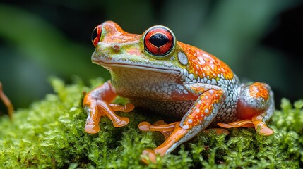 A red eyed frog on moss shows its colors in a rainforest.