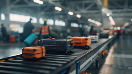 Obraz premium Luggage on conveyor belt in busy airport terminal