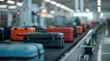 Luggage on conveyor belt in airport terminal, ready for travel