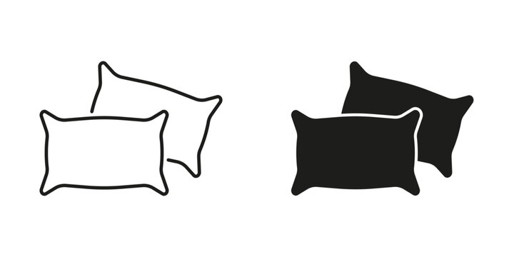 Two Pillows Line and Silhouette Icon Set. Soft Bedding for Sleep Symbol. Comfortable Headrests for Bedtime. Sleep Accessories for Bed. Editable Stroke. Isolated Vector Illustration