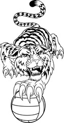 Tiger holding a volleyball ball with sharp claw sports team mascot design.