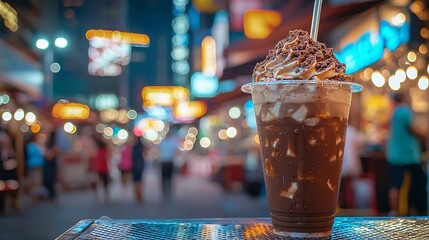 Delicious chocolate drink with whipped cream and sprinkles in cup