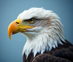 Obraz premium A highly detailed, close-up portrait of a majestic bald eagle's face, capturing its piercing gaze, sharp yellow beak, and intricately textured feathers, with a subtle sheen on its snowy-white head and