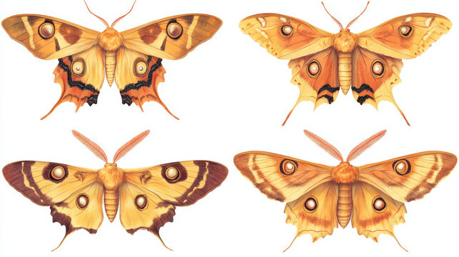 A set of realistic butterflies featuring an exquisite collection of moth species with delicate, multicolored wings. 