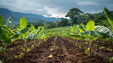 Banana plantation in Costa Rica where advanced fertilization and irrigation techniques maximize crop yield showcasing modern intensive farming methods